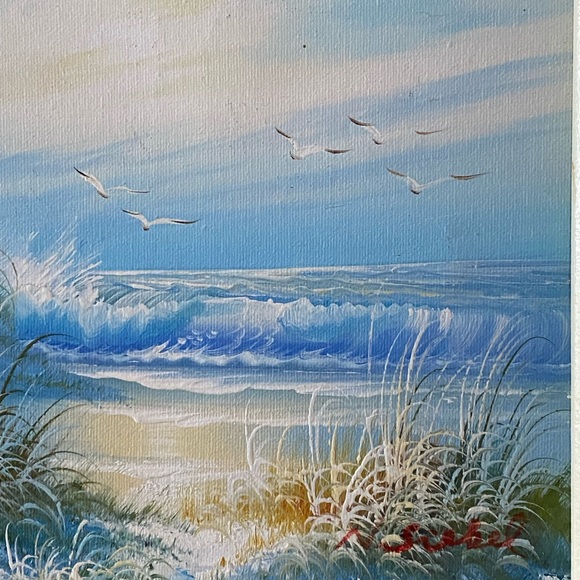 Lighthouse Beach Oil Painting MCM Oil on Canvas 1960s Retro Seagulls N Siebel - Picture 3 of 15